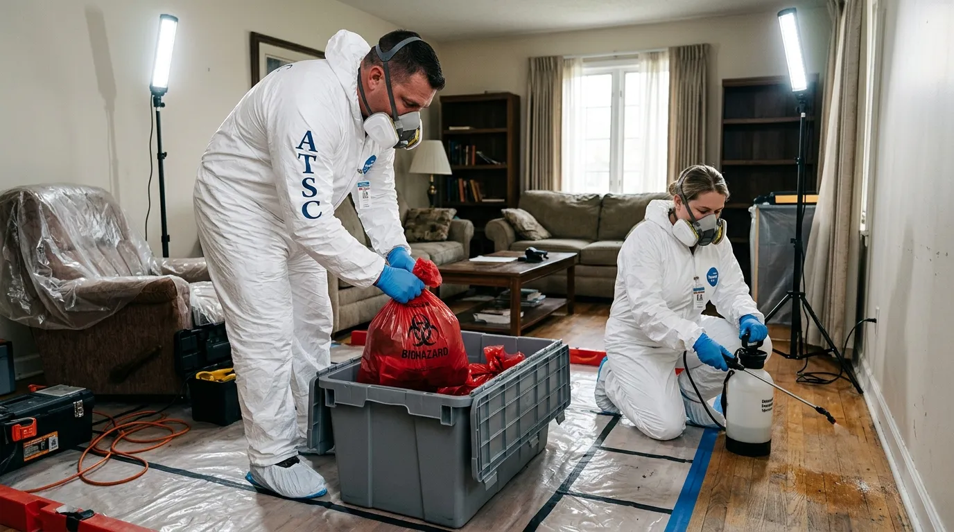 Professional Hoarding Cleanup technician in full PPE working in Murphy